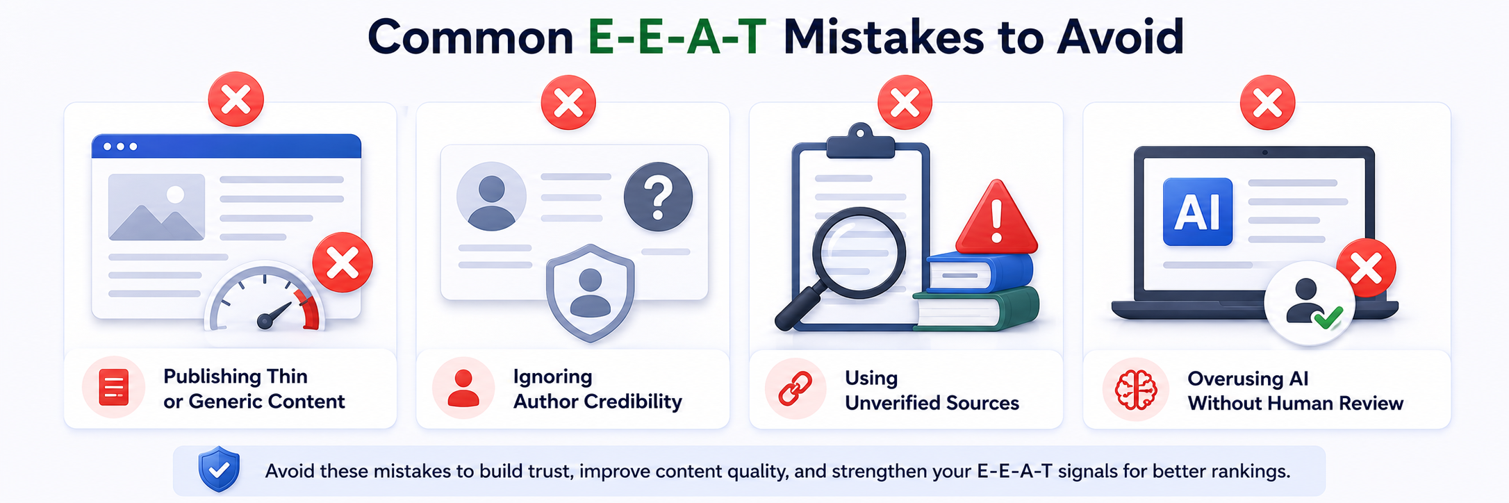 SEO infographic highlighting common E-E-A-T mistakes including thin content, poor author credibility, unverified sources, and excessive AI-generated content without review.
