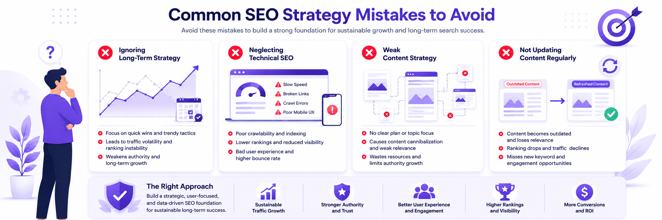 Illustration showing common SEO strategy mistakes to avoid including weak content strategy, neglected technical SEO, outdated content, and short term SEO tactics.