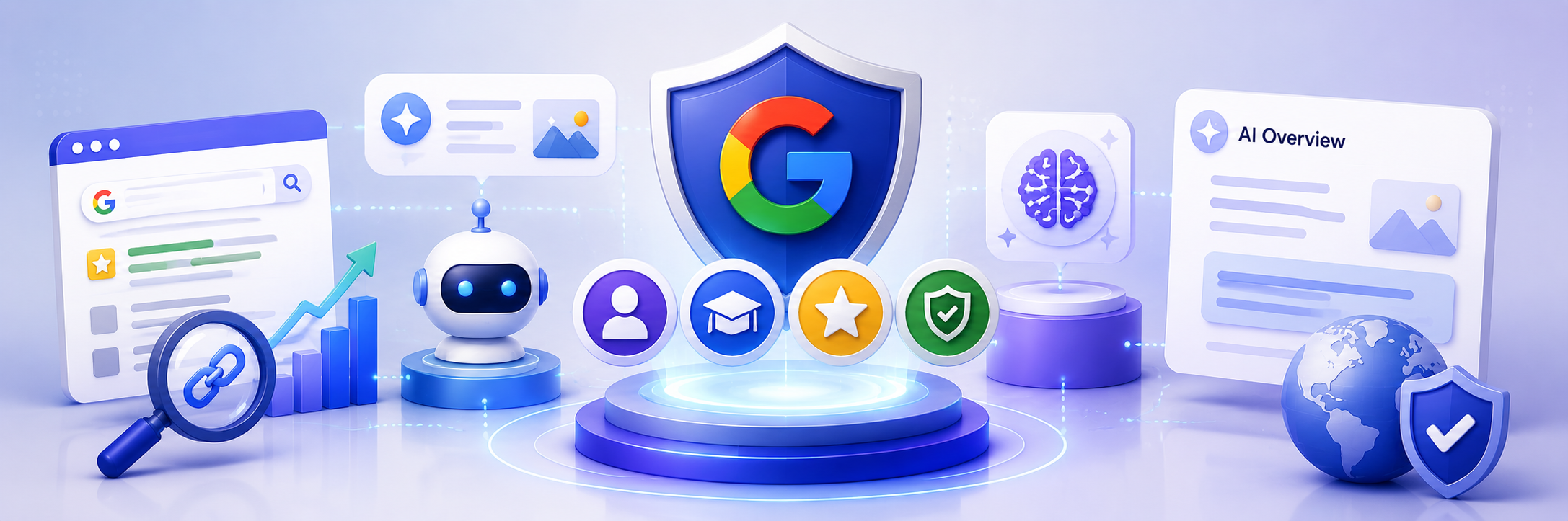 AI search and E-E-A-T illustration showing Google AI Overviews, authority signals, trusted content sources, and AI-powered search visibility factors.