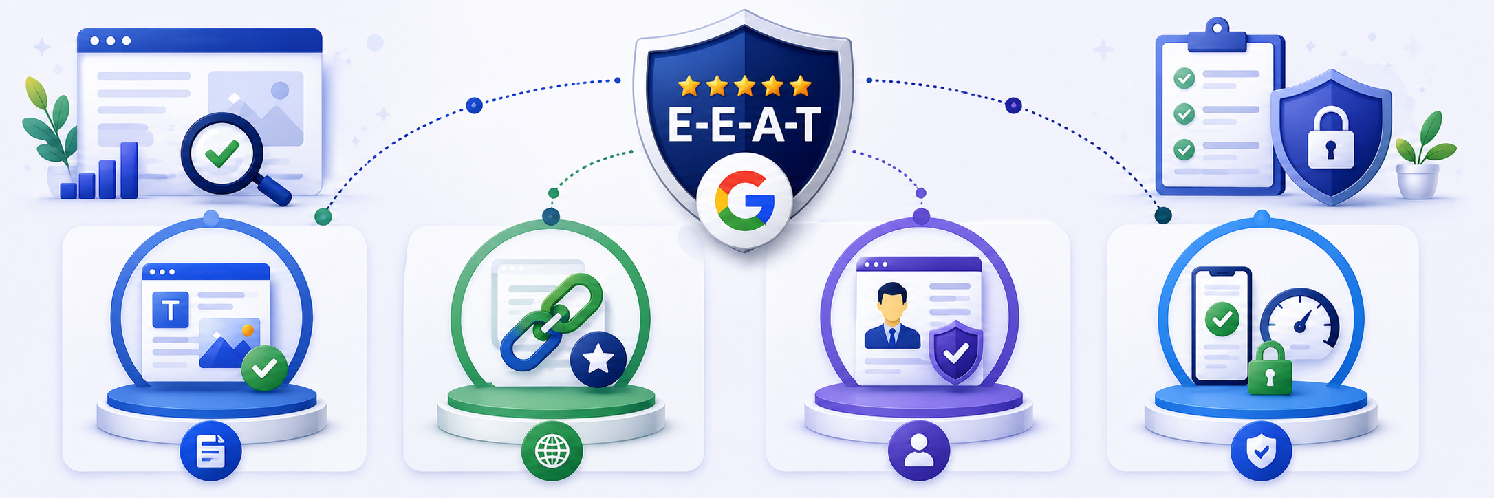 E-E-A-T signals infographic displaying content quality, backlinks, author credibility, and user trust factors that influence search visibility and rankings.