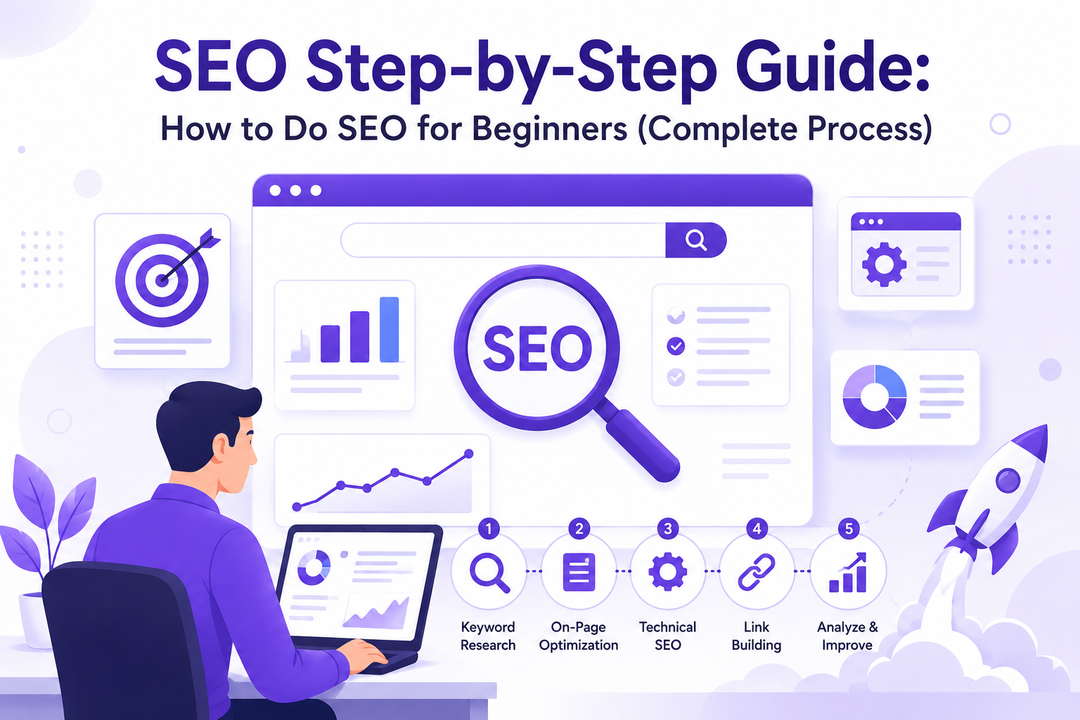 How to do SEO for website for beginners with a complete process covering keyword research, on page optimization, technical SEO, link building, and SEO analysis.