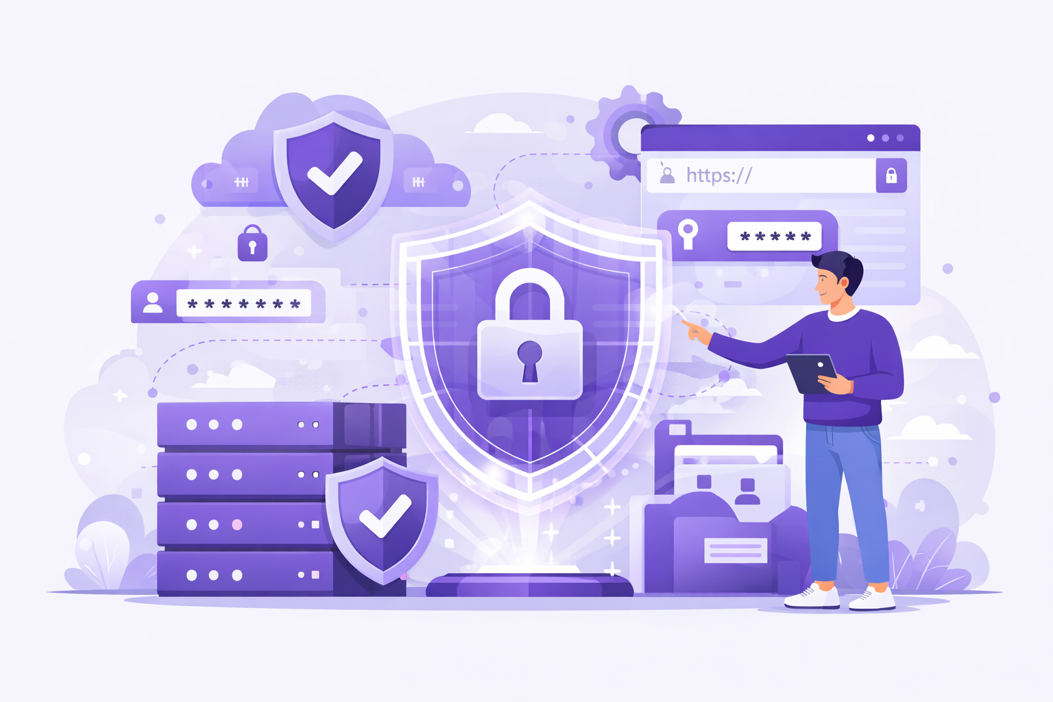 Security provided by JamSEO Agency in its services illustration showing data protection systems, secure website infrastructure, encrypted access, and privacy focused digital service security.