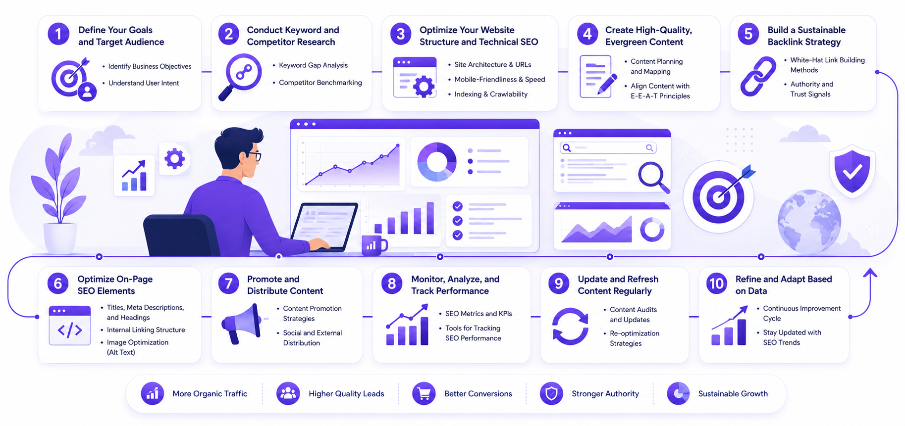 Step by step SEO strategy process illustration featuring goal setting, keyword research, technical SEO, content creation, link building, on page SEO, analytics, and continuous optimization.