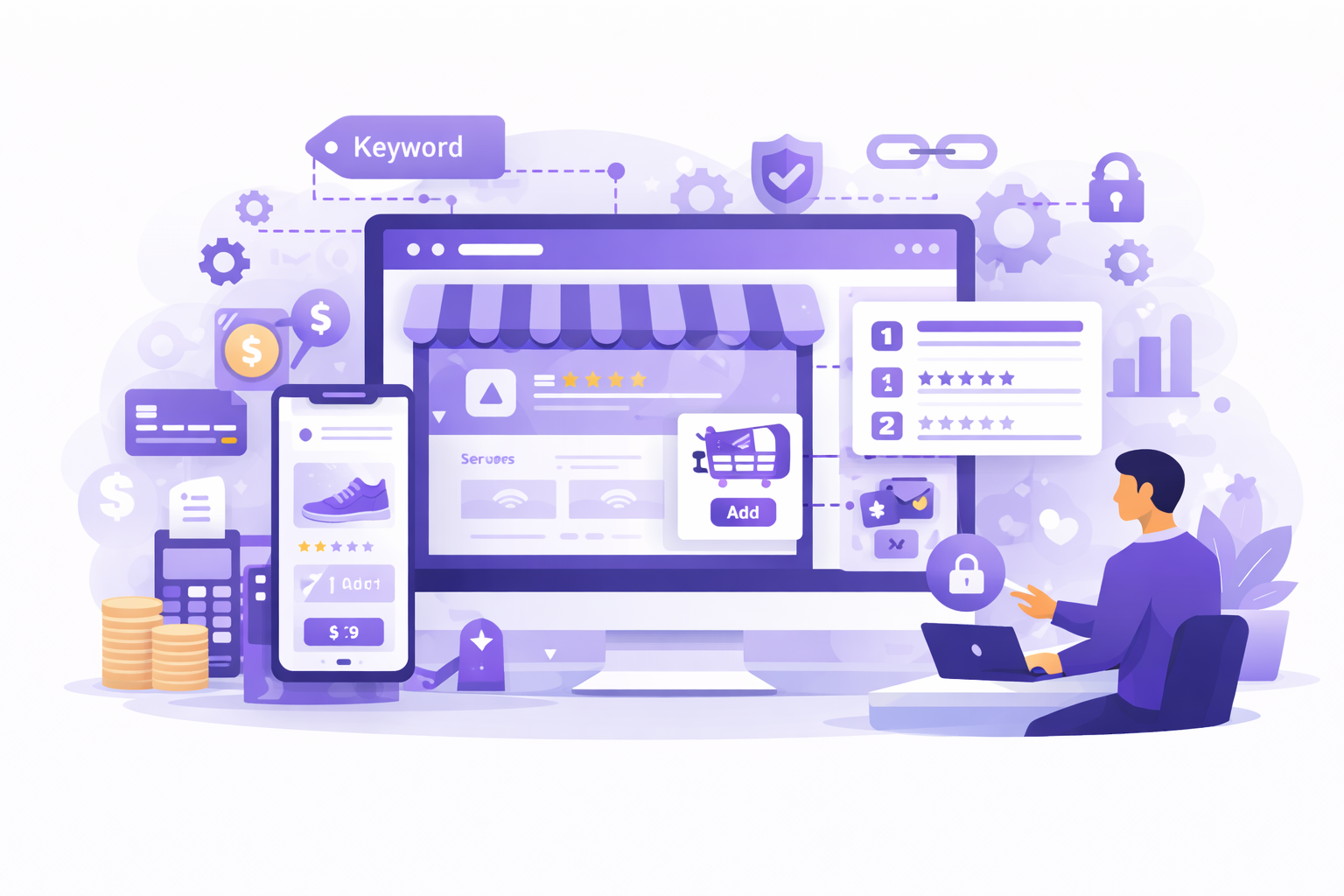 JamSEO Agency ecommerce website development services illustration showing online store design, product catalog management, secure payment integration, and optimized shopping experience.