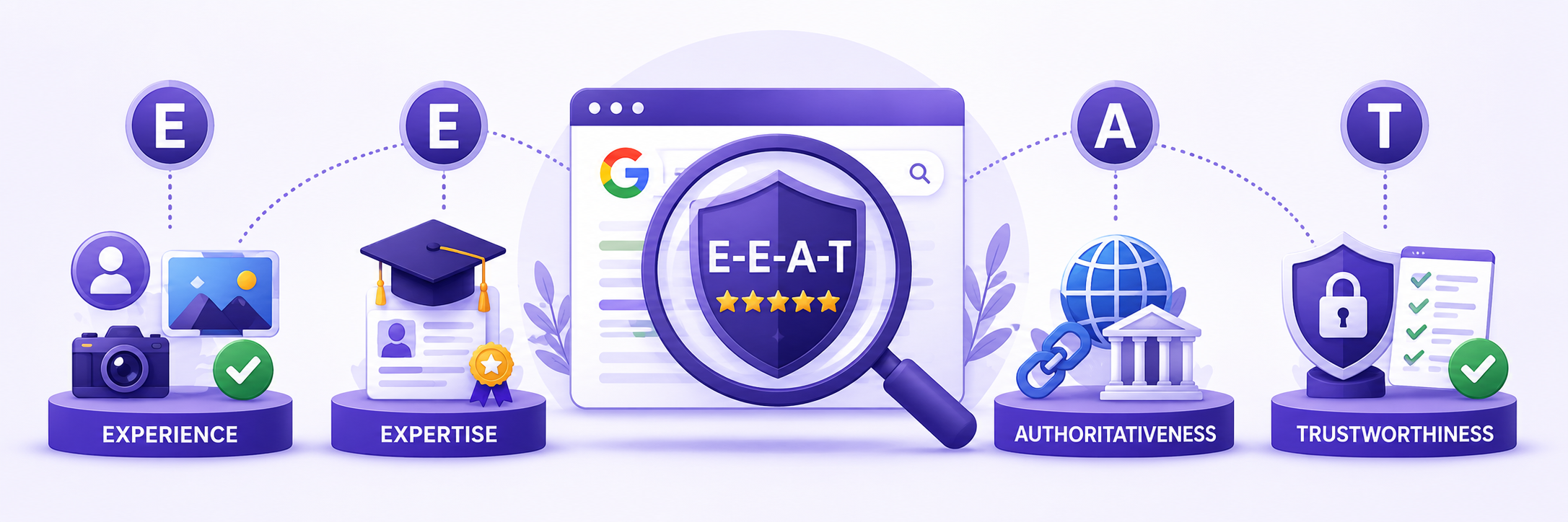 E-E-A-T in SEO illustration showing Experience, Expertise, Authoritativeness, and Trustworthiness connected to Google's content quality evaluation process.