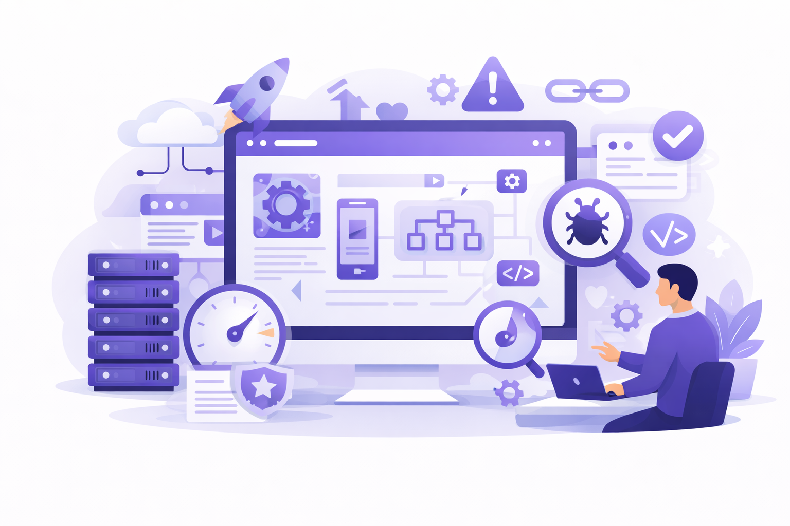 JamSEO Agency technical SEO service illustration showing website audit, bug detection, site structure optimization, page speed monitoring, and server performance improvements.