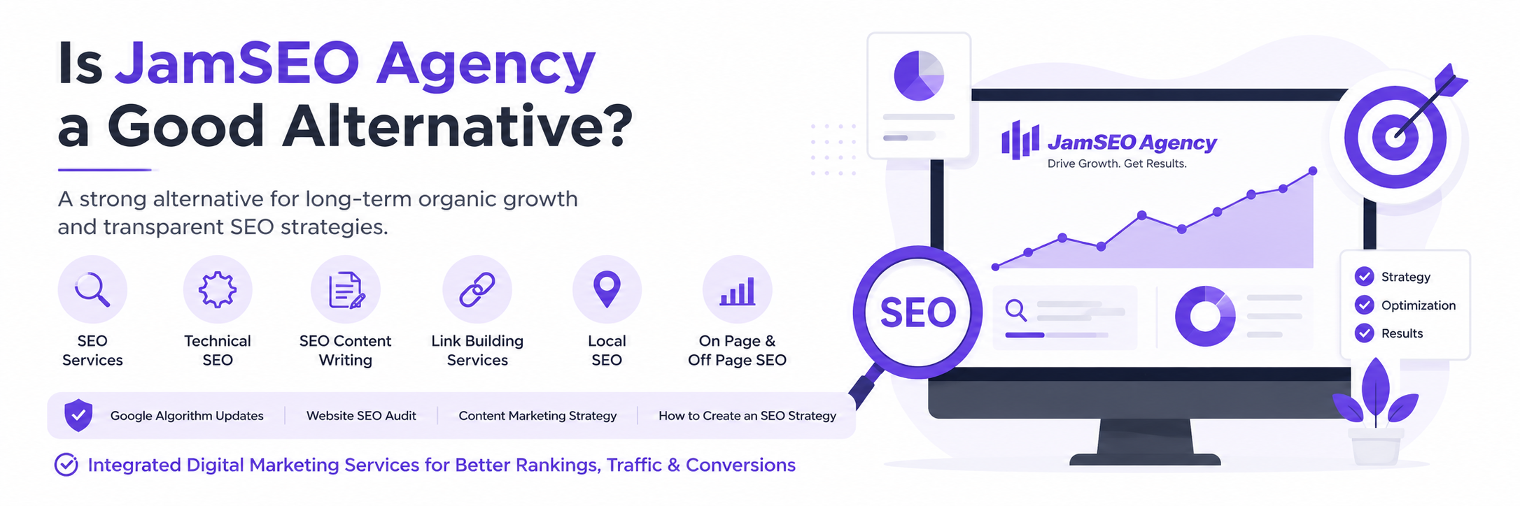 JamSEO Agency alternative offering SEO Services, Technical SEO, SEO Content Writing, Link Building, Local SEO, and Digital Marketing Services