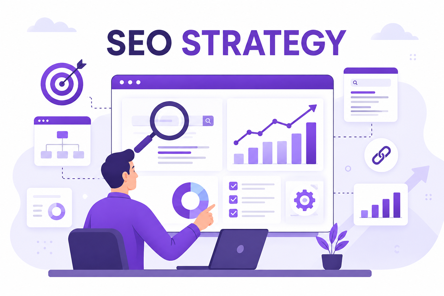 How to create an SEO strategy illustrated with a digital marketer analyzing SEO dashboard, keyword research, website optimization, ranking growth, and analytics in a modern SaaS flat vector design.