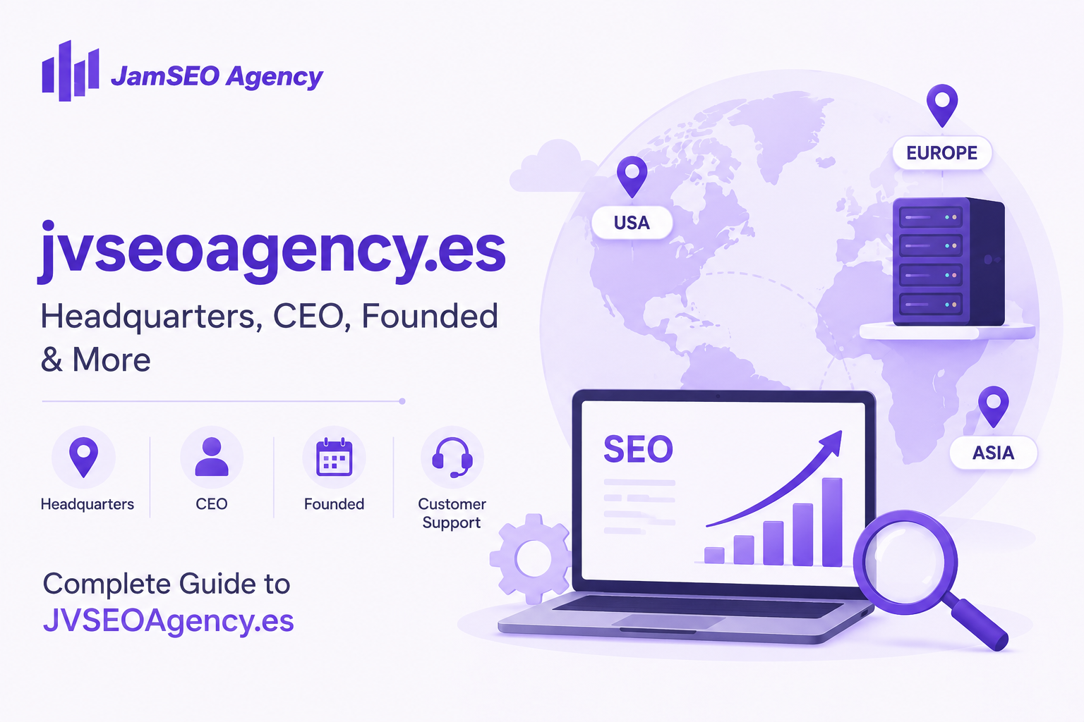 JVSEOAgency.es company profile showing headquarters, CEO, founded date, industry, customer support, and SEO agency overview