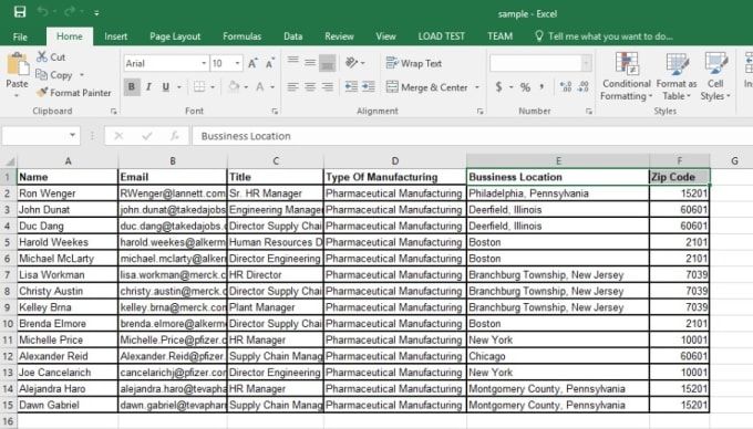 Microsoft Excel spreadsheet displayed by JamSEO Agency showing organized business contact data, including name, email, job title, manufacturing type, business location, and zip code for structured lead management.
